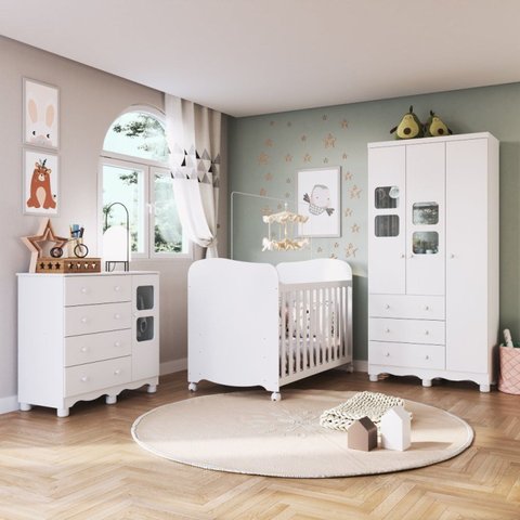 Quarto de Bebê Completo com Guarda Roupa 3 Portas com Janelas Cômoda e Berço 100% MDF Mimo Espresso Móveis