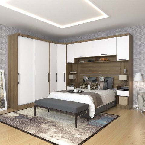 Quarto de Canto Casal com Guarda Roupas Cabeceira e Mesas de Cabeceira Paris Luciane Móveis