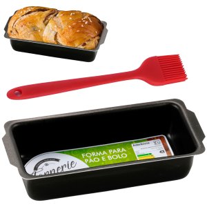 Forma Assadeira de Pão Retangular Grande Antiaderente 2l + Pincel de Silicone Vermelho