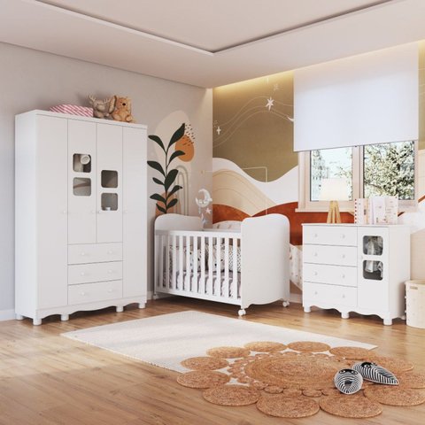 Quarto de Bebê Guarda-Roupa 4 Portas Janeladas Cômoda e Berço MDF Mimo Espresso Móveis Branco Brilho