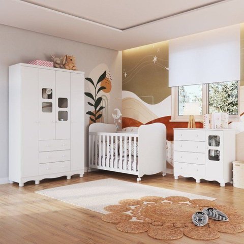 Quarto de Bebê Guarda-Roupa 4 Portas Janeladas Cômoda e Berço MDF Mimo Espresso Móveis Branco Brilho