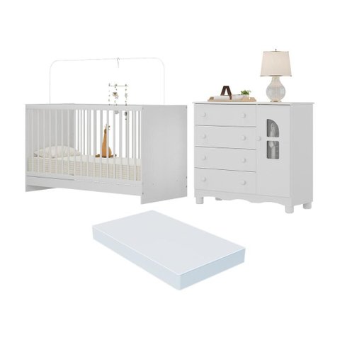 Berço 3 em 1 com Colchão Incluso e Cômoda 1 Porta 4 Gavetas Aurora Multimóveis Mp4770 Branco