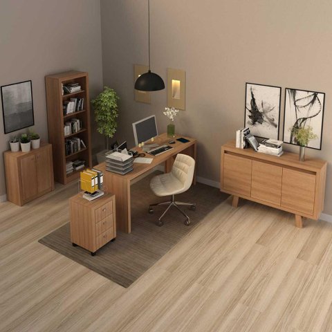 Kit Escritório Completo 5 Peças com Mesa Estante e Balcão Cor:amêndoa