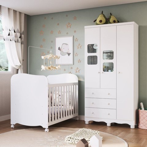 Quarto de Bebê Guarda-Roupa 3 Portas com Janelas e Berço 100% MDF Mimo Espresso Móveis Branco Brilho