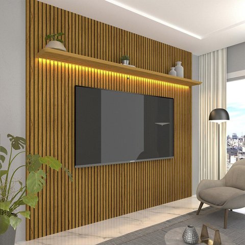 Painel Ripado para TV até 90 Polegadas com LED 100% MDF 224cmx250cm Impressão Ripada Requinte Marrom Naturale