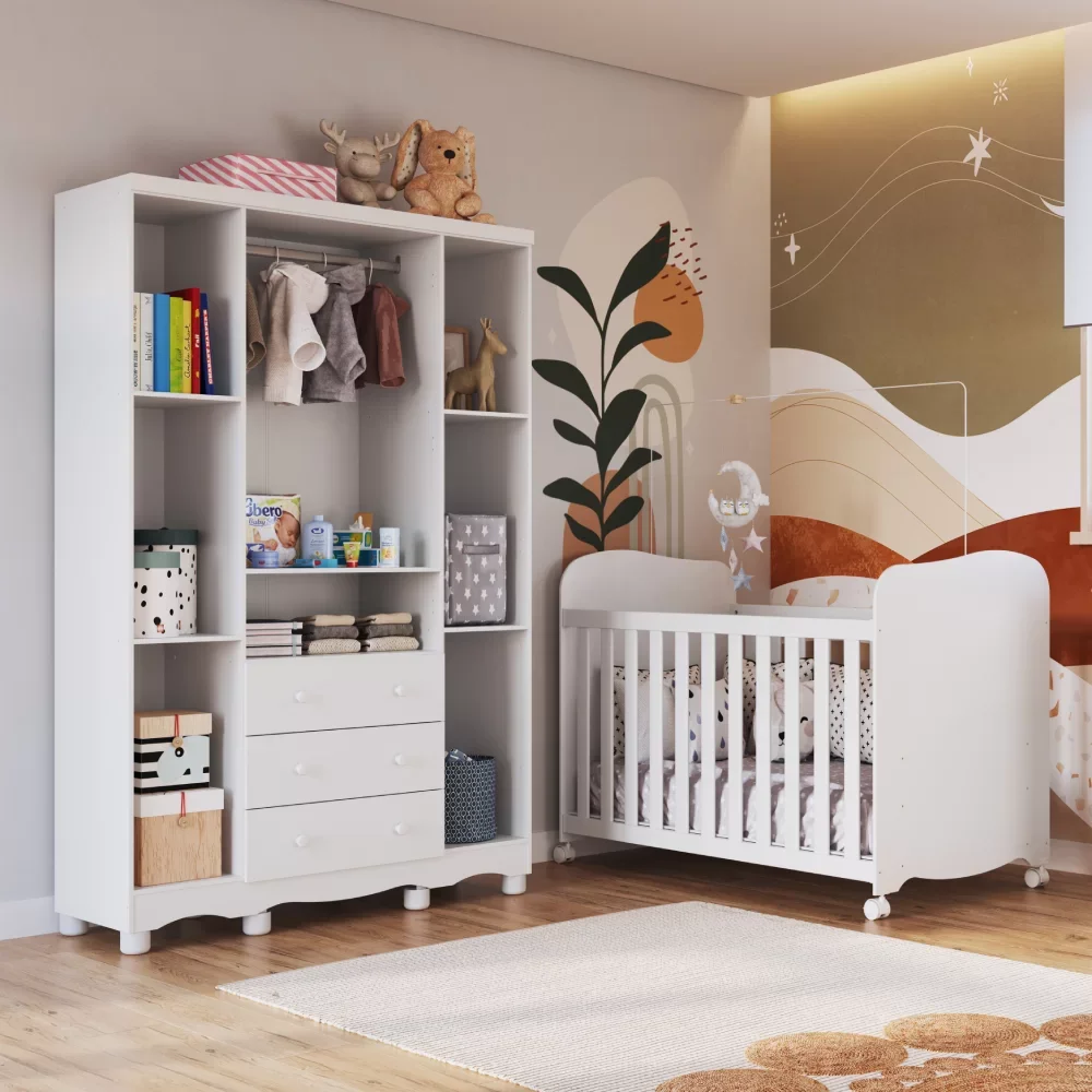 Quarto de Bebê com Guarda Roupa 4 Portas com Janelas e Berço 100% MDF Mimo Espresso Móveis - 2