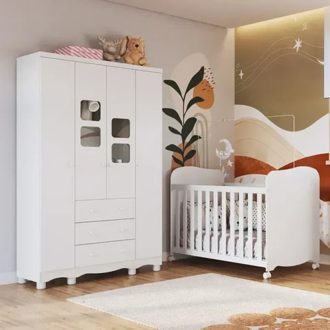 Quarto de Bebê Guarda-Roupa 4 Portas com Janelas e Berço 100% MDF Mimo Espresso Móveis Branco Brilho