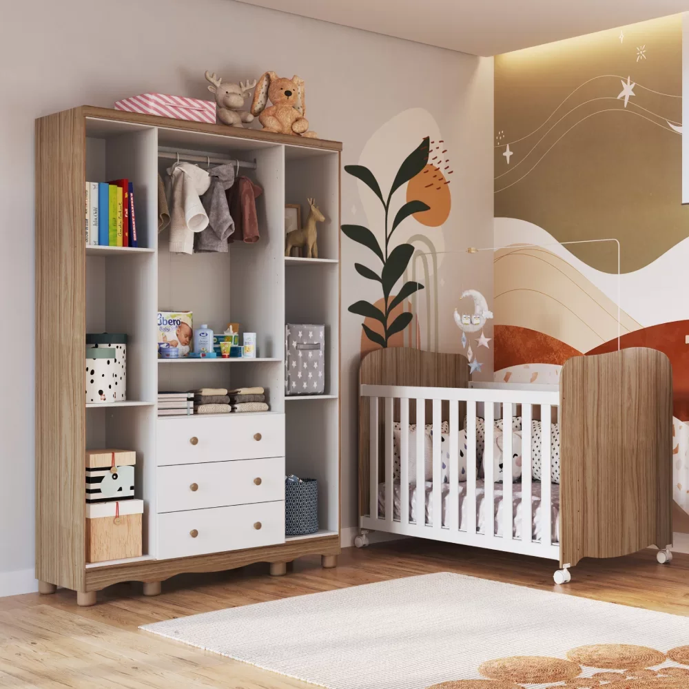 Quarto de Bebê com Guarda Roupa 4 Portas com Janelas e Berço 100% MDF Mimo Espresso Móveis - 2