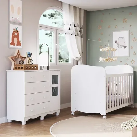 Quarto de Bebê com Cômoda 1 Porta com Janela e Berço 100% MDF Mimo Espresso Móveis