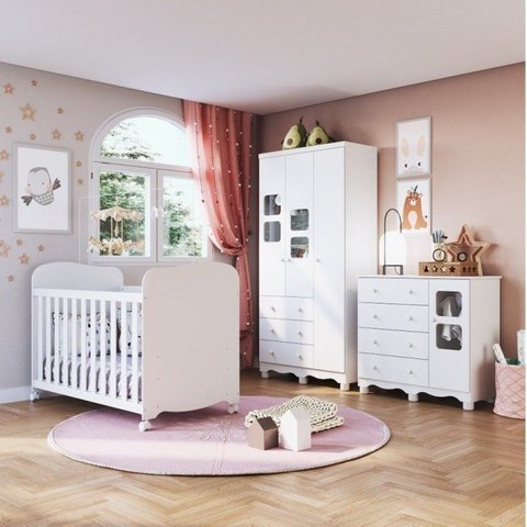Quarto de Bebê Guarda-Roupa 3 Portas Cômoda com Janelas e Berço Mimo Espresso Móveis Branco Brilho