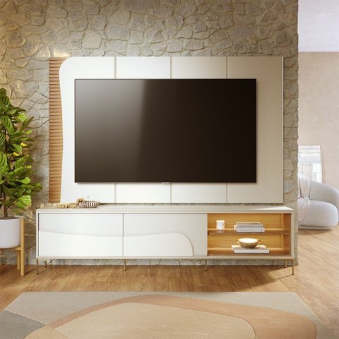 Rack Bancada e Painel Amalfi para Tv até 65 Polegadas com Pés de Metal Off White Freijó Colibri