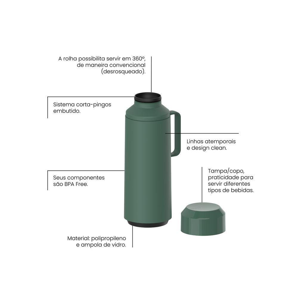 Garrafa Térmica Tramontina Exata em Polipropileno Verde com Ampola de Vidro e Tampa Rosqueável 1 L - 10