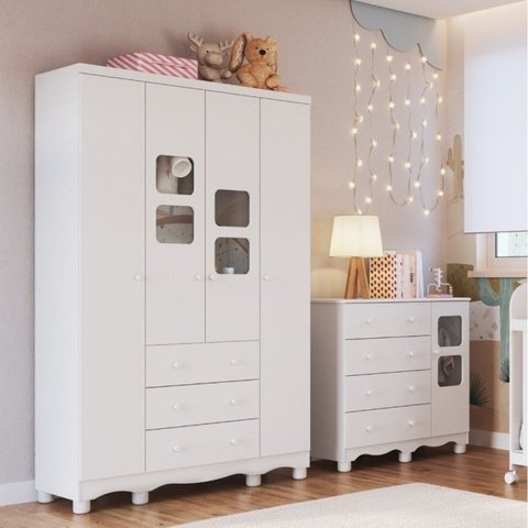 Quarto Infantil com Guarda Roupa 4 Portas e Cômoda 1 Porta com Janela Mimo Espresso Móveis Branco/Brilho