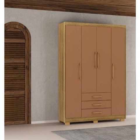 Guarda Roupa Casal Espanha 4 Portas de Bater 3 Gavetas MDP Nature Camarim Vila Rica