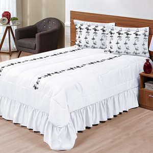 Kit Cobre Leito Casal Padrão Lisse 03 Peças Colcha Branco c/ Preto