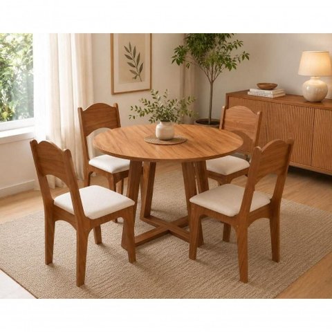 Mesa de Jantar Dalla Costa 4 Lugares Tampo MDF Redondo Freijó com Cadeiras Bege Rústico 110cm