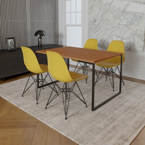 Mesa Industrial Base Ferro Preto 137x90 Tampo Canela 4 Cadeiras Eiffel Ferro Preto Assento Amarelo
