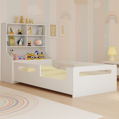 Cama Infantil Solteiro Montessori com Cabeceira para Brinquedo e Colchão