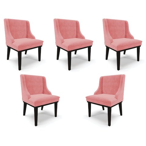 Kit 5 Cadeiras Decorativas Sala de Jantar Base Fixa de Madeira Firenze Suede Rosê/Preto G19 - Gran B