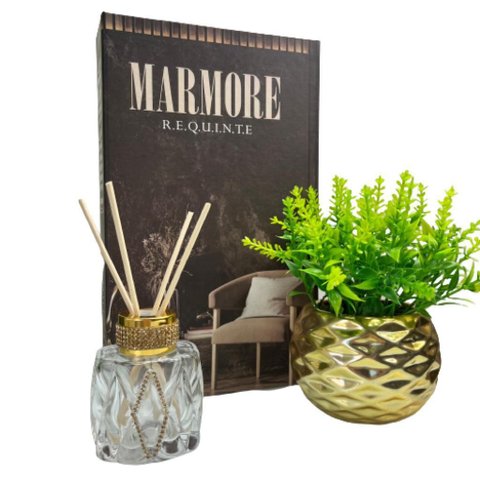 Kit Decoração Livro Marrom + Vaso Dourado + Difusor de Vidro