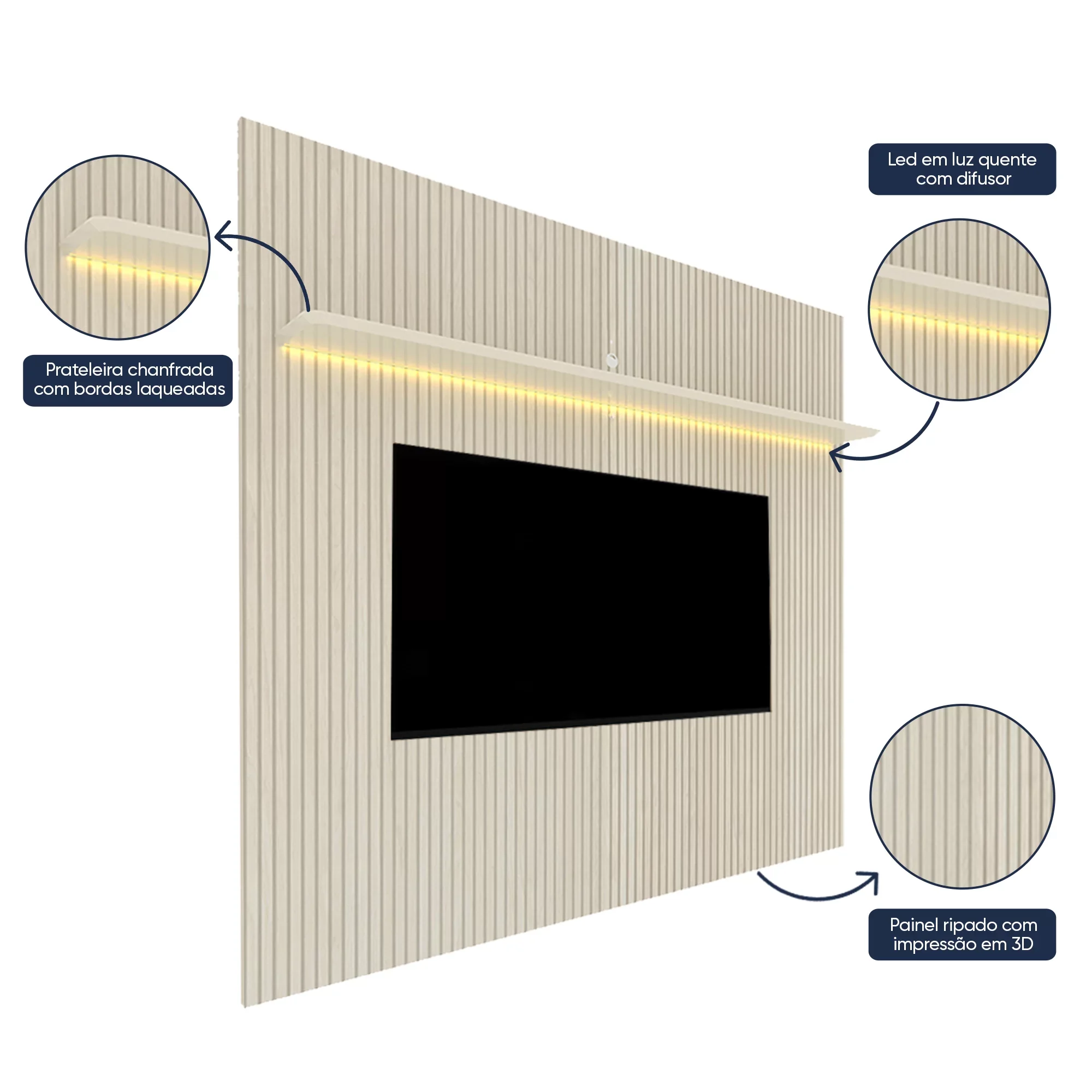 Painel para TV até 75 Polegadas Impressão Ripada com LED Requinte Gelius Móveis - 5