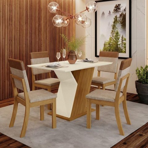 Conjunto Sala de Jantar Layla Diamond 4 Lugares Tampo MDF Cadeiras Suede Caramelo 120cm Casa 812