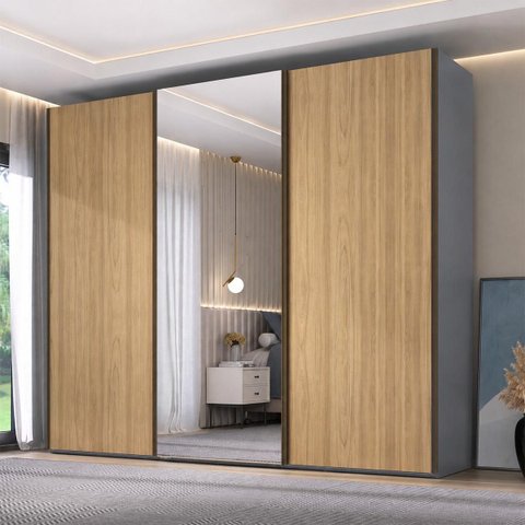 Roupeiro Veneto em MDF 274,5x230cm 3 Portas Espelho Cinza/Olmo 1000
