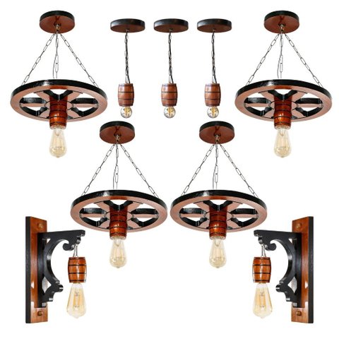 Kit Luminárias - 4 Pendentes Roda de Carroça, 3 Pendentes Barril e 2 Arandelas de Parede - Mogno