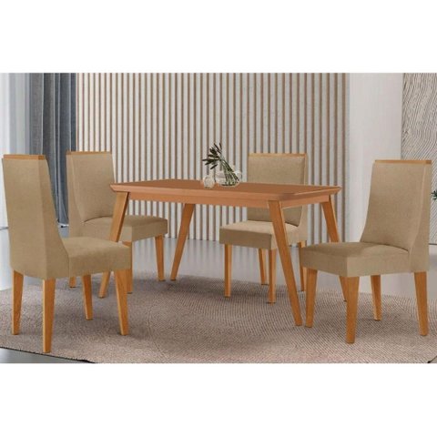 Conjunto: Mesa de Cozinha Havana Tampo Curvo 120cm+4 Cadeiras Dakota Madeira Naturale - Capuccino/