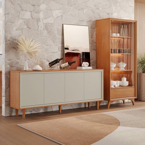 Conjunto Cristaleira 2 Portas de Vidro com Buffet 4 Portas Delux 100% MDF Prime