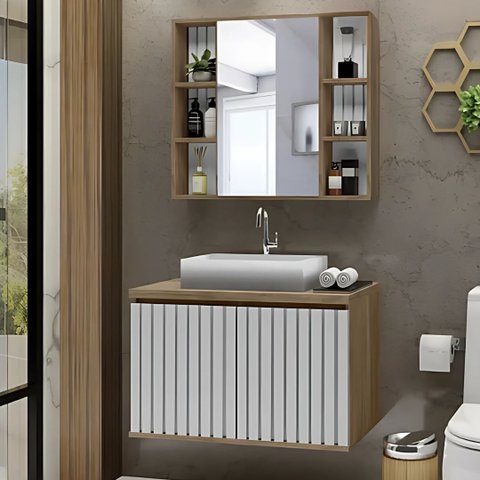 Conjunto Gabinete Banheiro Ripado 80cm C/ Cuba e Espelheira:avelato/branco