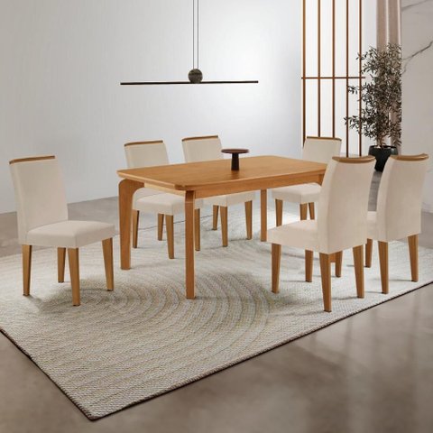 Conjunto Mesa de Jantar 180cm com 6 Cadeiras Estofadas Multimóveis Crrft-CON051 Madeirado/Creme