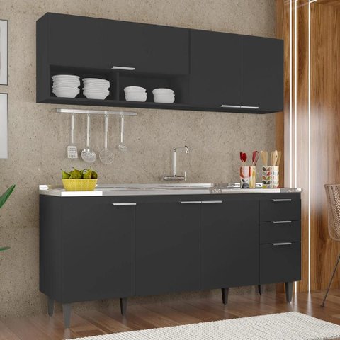 Armário de Cozinha CP01 com Pia 180cm Pérola Z34 Preto - Mpozenato