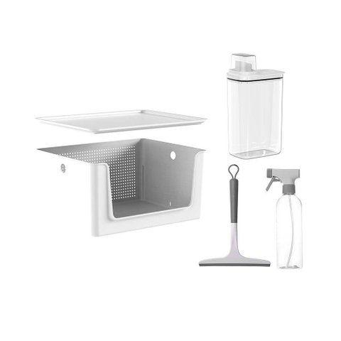 Kit Lavandeira Flow com Dispenser de Sabão 2,3 L Branco + Borrifador + Rodo + Cesto com Tampa ou