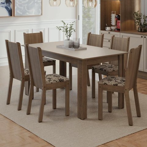 Conjunto Sala de Jantar Dolce Mesa Tampo de Madeira 6 Cadeiras Rustic/Crema/Bege Marrom Madesa