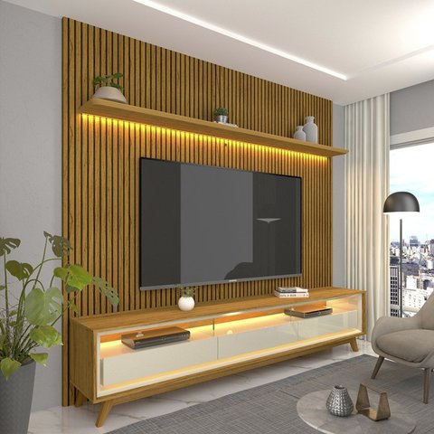 Rack com Painel Ripado Impressão Ripada para TV até 90 Polegadas 250cmx224cm com LED com Pés Requinte 100% MDF Pés em Madeira Maciça