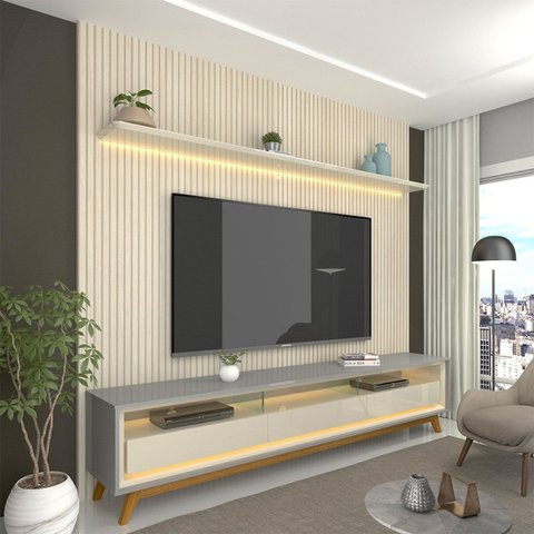 Rack Painel Ripado para TV até 90 Polegadas com LED 100% MDF 224cmx250,5cm Pés em Madeira Maciça Impressão Ripada Requinte Cinza/Off White