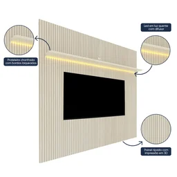 Rack com Painel Ripado para TV até 90 Polegadas com LED 100% MDF 224CMX250,5cm Pés em Madeira Maciça Impressão Ripada Requinte Cinza - 6 Rack com Painel Ripado para TV até 90 Polegadas com LED 100% MDF 224CMX250,5cm Pés em Madeira Maciça Impressão Ripada Requinte Cinza - 6