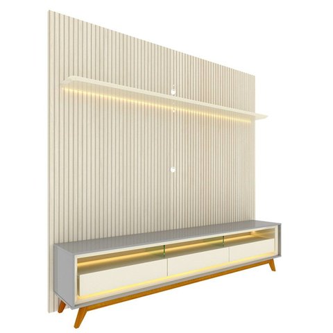 Rack com Painel Ripado para TV até 90 Polegadas com LED 100% MDF 224cmx250,5cm Pés em Madeira Maciça Impressão Ripada Requinte
