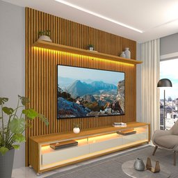 Rack com Painel Ripado para TV até 90 Polegadas com LED 100% MDF 224cmx250,5cm Impressão Ripada com Rodízios Requinte - 1 Rack com Painel Ripado para TV até 90 Polegadas com LED 100% MDF 224cmx250,5cm Impressão Ripada com Rodízios Requinte - 1