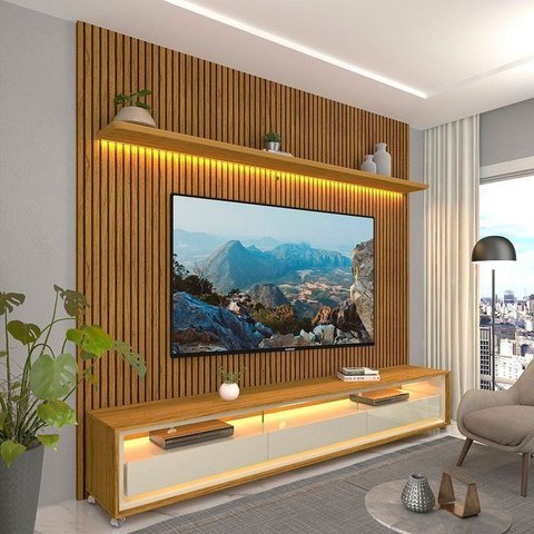 Rack com Painel Ripado Impresso TV até 90 Polegadas LED 100% MDF 224x250cm Pés em Madeira Maciça