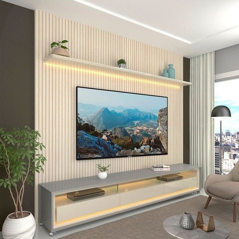 Rack com Painel Ripado Impresso TV até 90 Polegadas LED 100% MDF 224x250cm Pés em Madeira Maciça