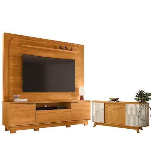 Estante Home Theater Nilo com Pés Cinamomo com Aparador para Sala Buffet Mônaco Cinamomo Off White -