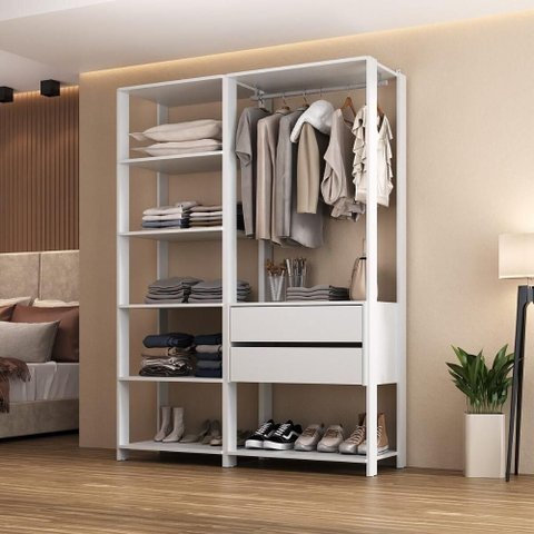 Closet Aberto Modulado Arara Organizadora com Cabideiro 135cm Allegra Multimóveis Mp4389 Branco