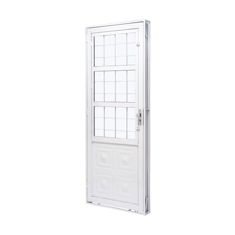 Porta de Aço com Postigo 215x83cm com Grade Quadriculada e Vidro Liso Qualitysol Ramassol Branco/Poliéster