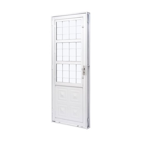 Porta de Aço com Postigo 215x83cm com Grade Quadriculada e Vidro Liso QualitySolRamassol