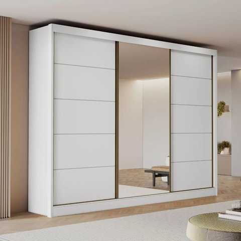 Guarda Roupa Casal com Espelho 3 Portas de Correr Branco em MDF Tokio Bianchi