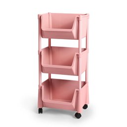 Carrinho Multiuso Organizador 3 Prateleiras em Plástico com Rodízio - Rosa - 1