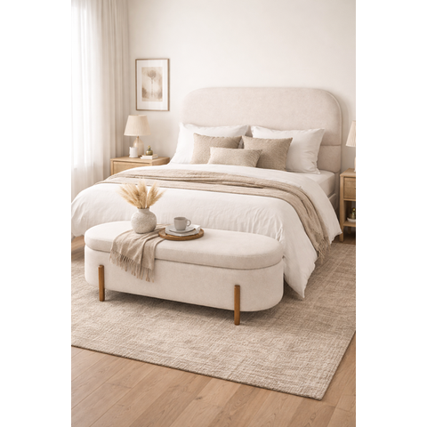 Kit Atenas Cabeceira de Cama Box Orgânica e Recamier Calçadeira Baú Queen 160 Cm Suede Porcelana Eli