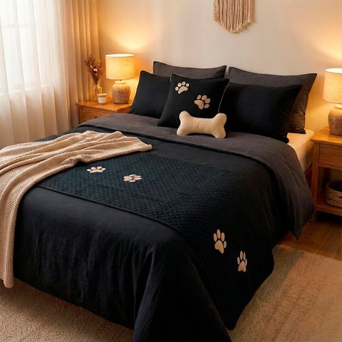 Kit 4 Pçs Peseira Cama Casal Padrão Impermeável e Almofada Cheia para Pet: Preto